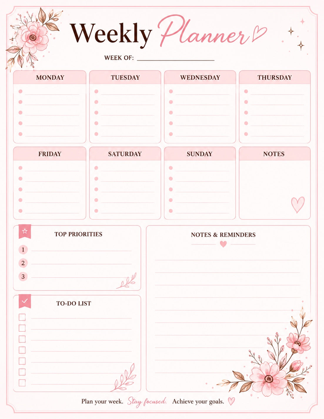 🌸 Pink Floral Weekly Planner | Printable Productivity Page 🌸